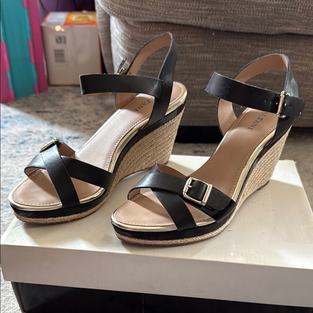 Alfani Black and Tan Wedge Sandals with Cross-Over Straps